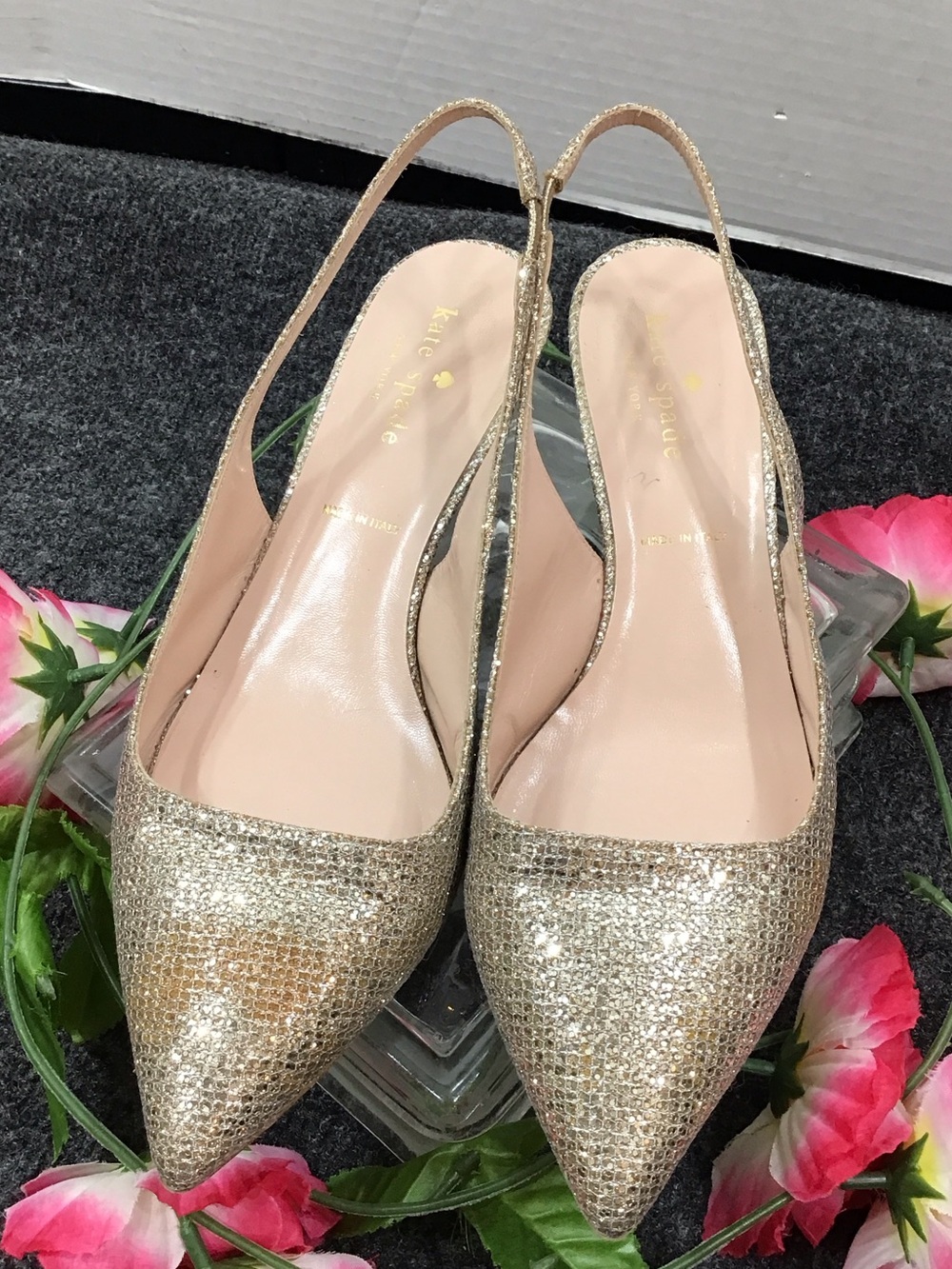 kate spade Gold Glitter Pointed Slingback kitten heel Mules 7.5